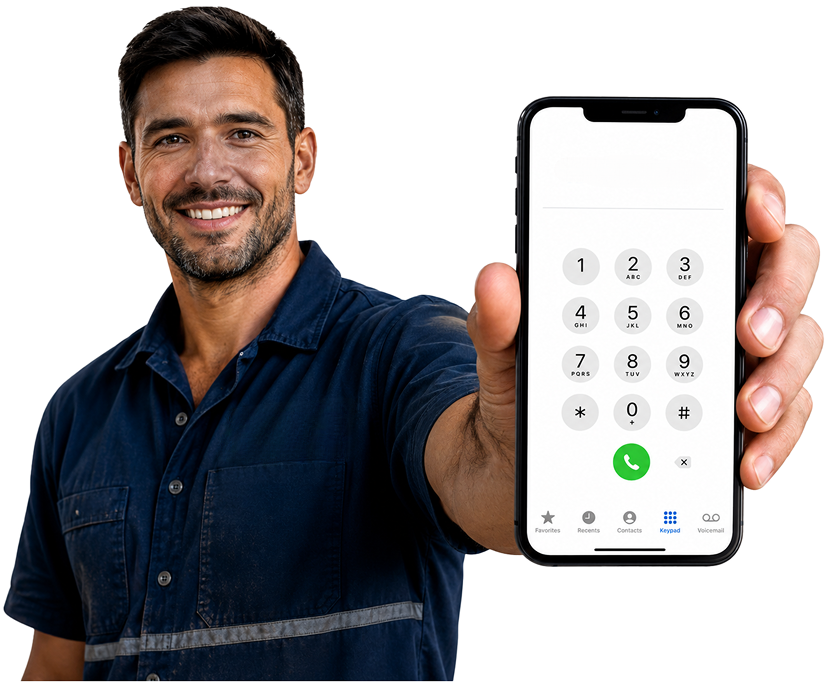Berowra Blocked Drains plumber holding a phone — call 1300 261 965