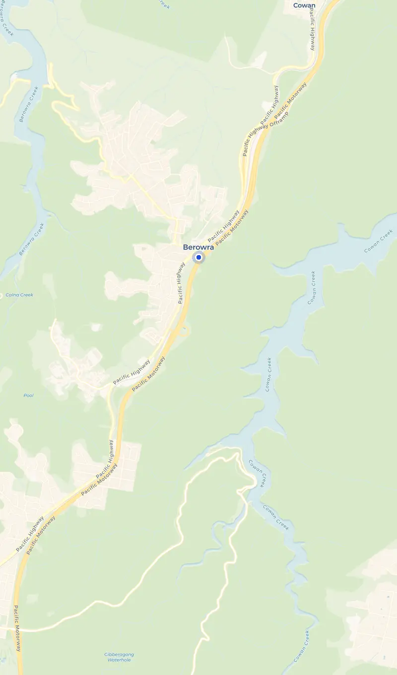 Map of the Berowra service area and the surrounding suburbs we cover.
