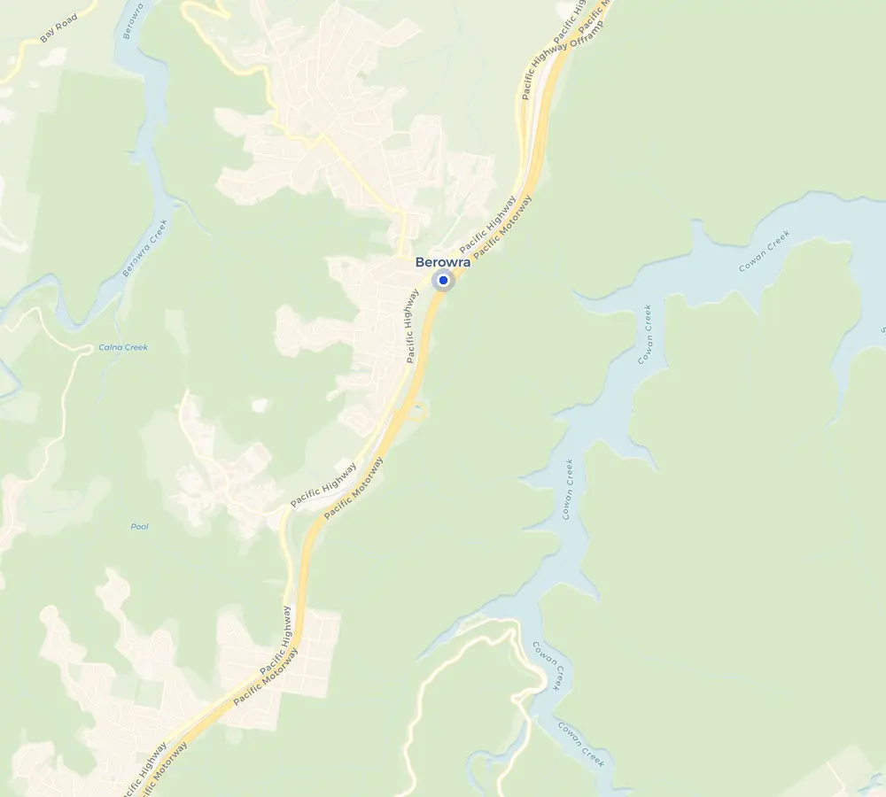 Map of the Berowra service area and the surrounding Upper North Shore, showing Berowra and the nearby streets we cover.
