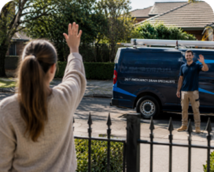 Customer waving goodbye to a Berowra Blocked Drains plumber